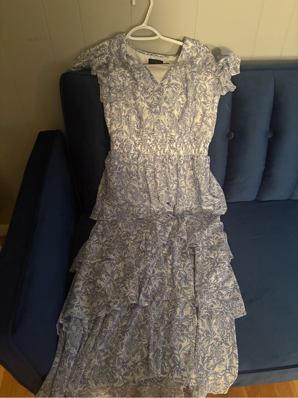 1. State Blue and White Floral Ruffle Maxi Dress